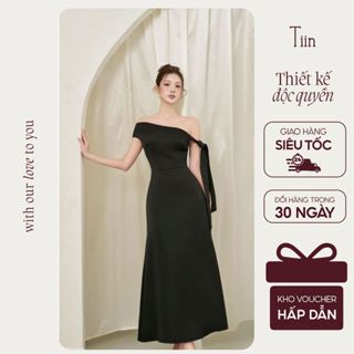  TIINSTORE Váy đầm lụa nữ dự tiệc sang chảnh dáng dài thiết kế trễ vai phối dây thắt nơ thanh lịch đám cưới VHN1169 