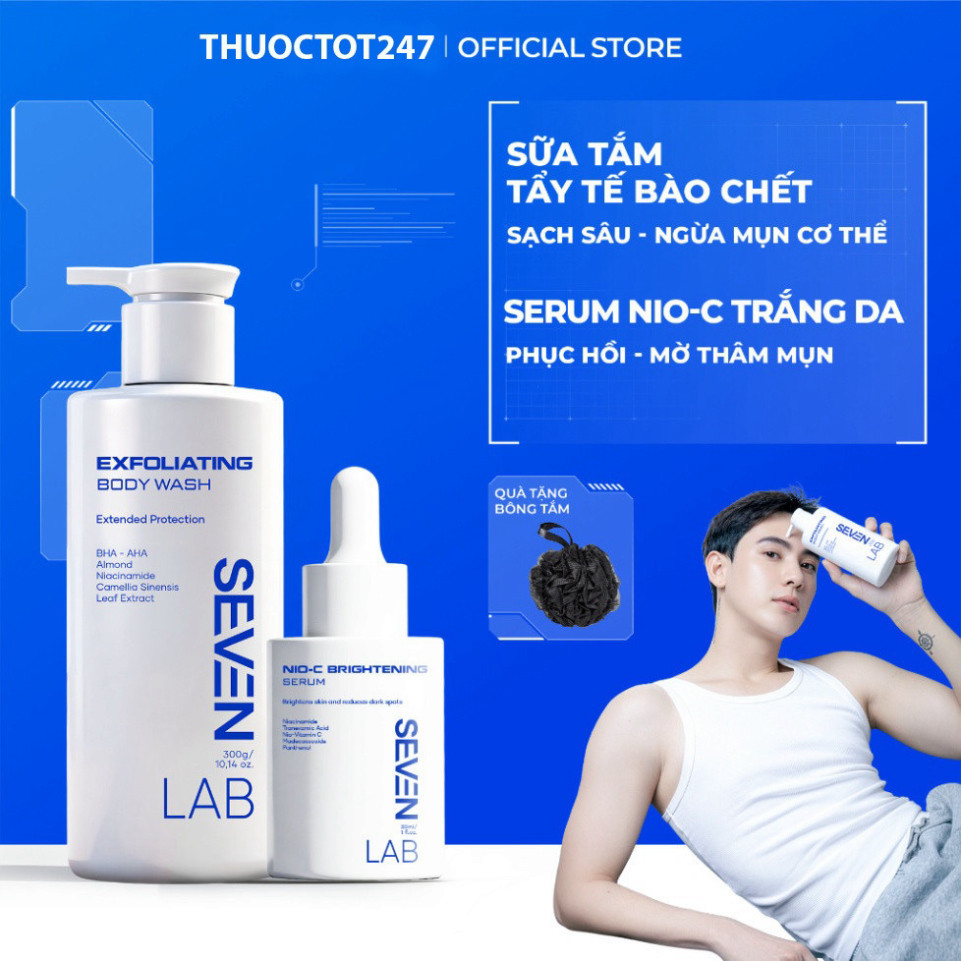 Combo sữa tắm & serum dưỡng trắng da nam SEVENLAB giúp ngăn ngừa mụn lưng, cơ thể, mờ thâm, đều màu