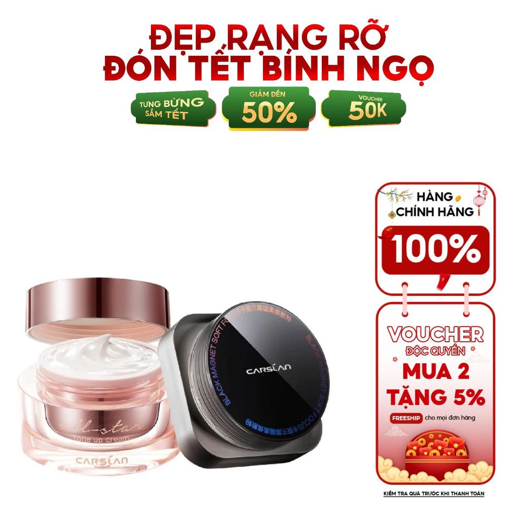 Combo kem lười Carslan nền nhanh – mịn + phấn phủ Carslan kiềm dầu, khóa nền bền màu