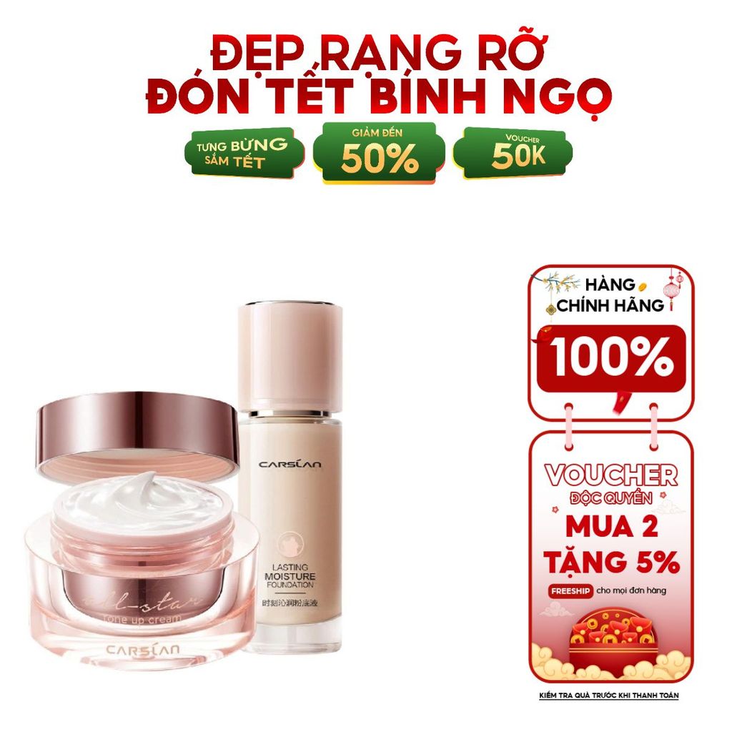 Combo kem nền Carslan mỏng nhẹ + kem lười Carslan che phủ nhanh, nền đều màu tự nhiên