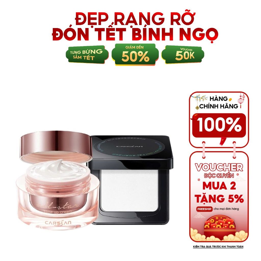 Combo kem lười Carslan nền mịn nhanh chóng + phấn nén Carslan kiềm dầu, giữ nền lâu trôi