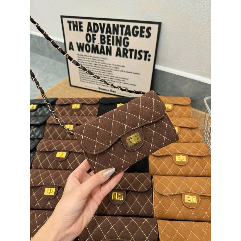 Ví Nữ Nhung Mềm Cao Cấp Size 17, Ví Dài Đeo Chéo Dây Xích,Họa Tiết Chần Ô Trám, Cầm Tay Sang Trọng Đi Tiệc