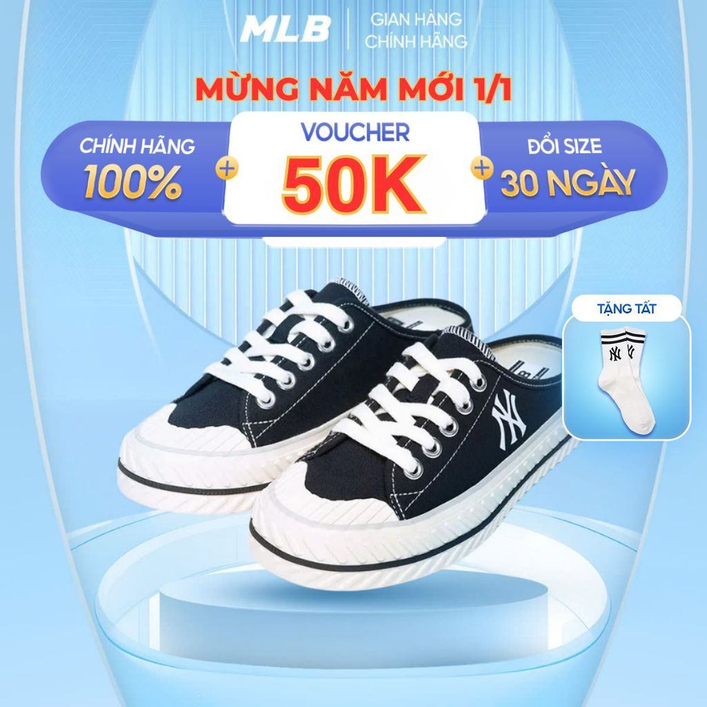 Giày MLB playball mule màu đen chính sãng , giày búp bê giày lười sục vải canvas đế cao su cao 3cm (