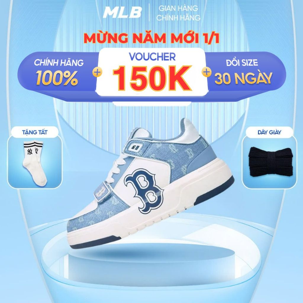 Giày MLB Chunky Liner Mid Boston màu xanh dương chính hãng, giày sneaker thể thao quai dán cổ mid mà