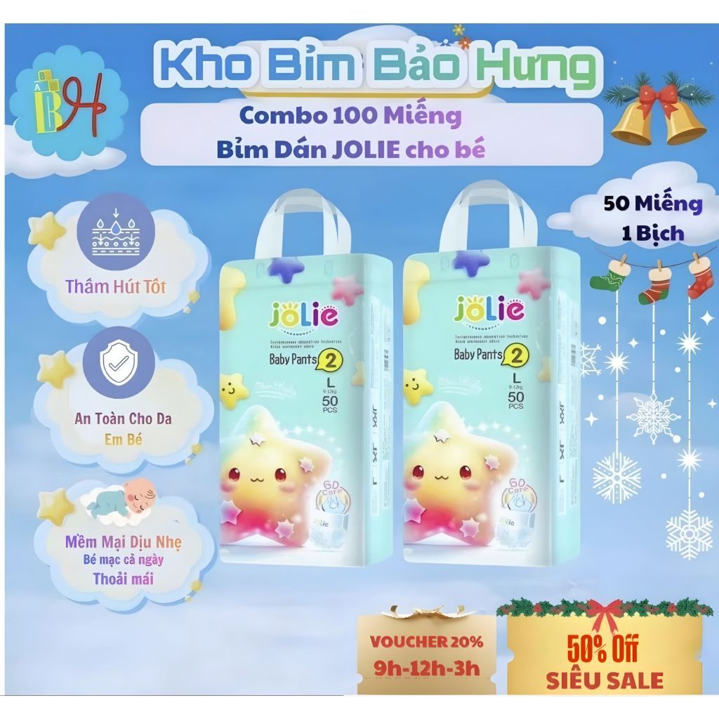 Combo 100 miếng tã Dán JOLIE mềm mại dịu nhẹ an toàn chống hăm cho bé