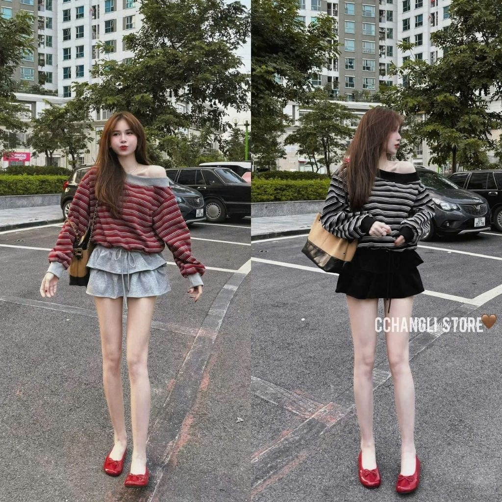 Set áo kẻ trễ vai mix cv mì nỉ tầng cạp dây đan hot