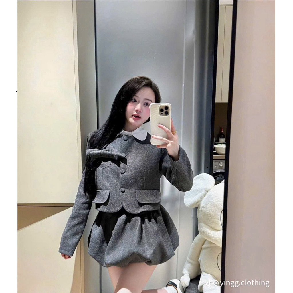 Set dạ xám ép áo phối cổ trắng đính nơ cv phồng ngắn