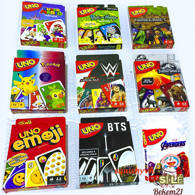 (có hộp đựng) Bộ Bài Uno Chủ Đề Khủng Long Thú Vị Uno Emoji MMA Pokemon BTS Minecraft
