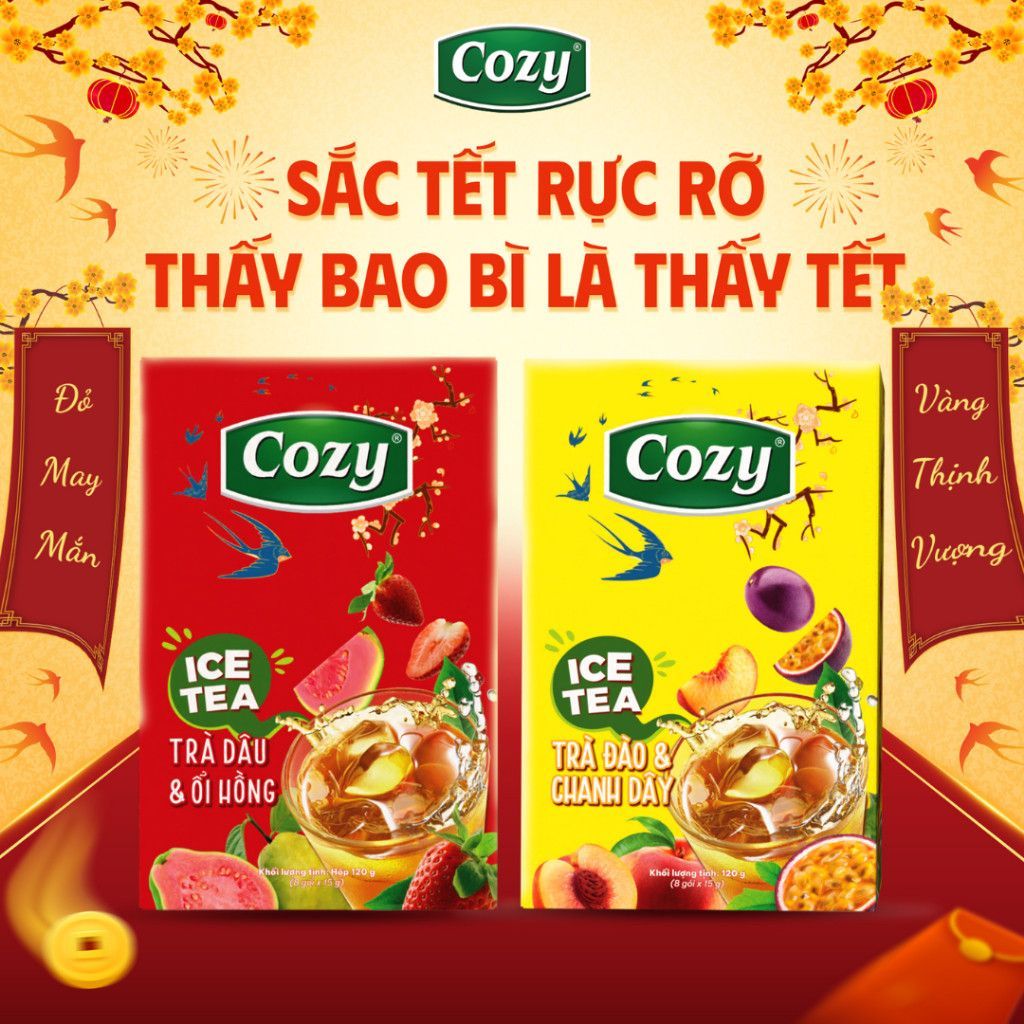 Trà Trái Cây Cozy Ice Tea Làm Giỏ Quà Tết, Trà Hòa Tan Đào, Chanh Dây, Dâu, Ổi Hồng Hộp 8 gói x 15gr