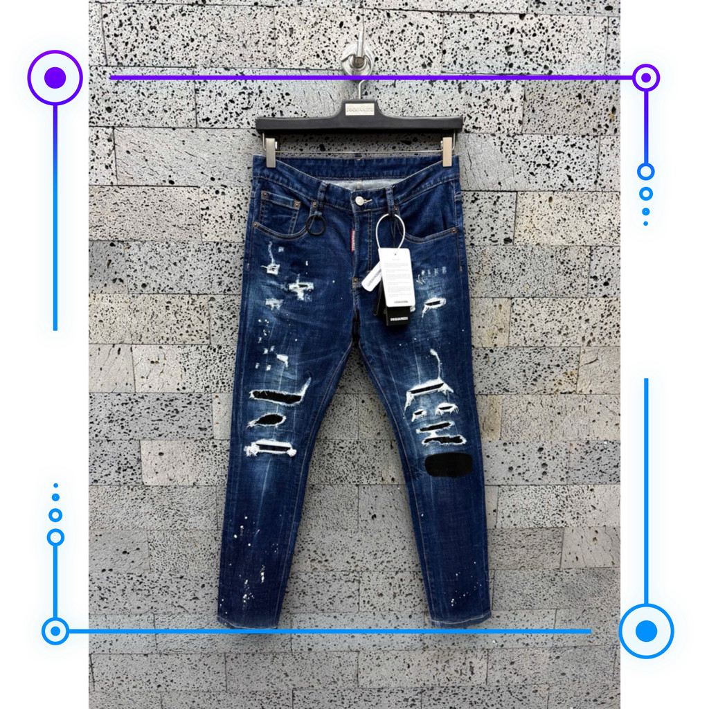 { ÔNG CHÚ AMIRI } Quần jean nam DSQ xanh đậm với họa tiết vảy sơn và túi sau đính đá từ Quảng Châu