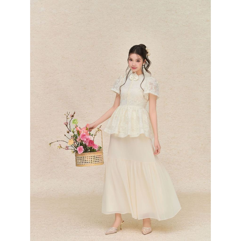 Set Bộ Tết Váy Nữ Cách Tân Nhã Vy Phối Hoa Lan Thủ Công Thiết Kế GUVIE