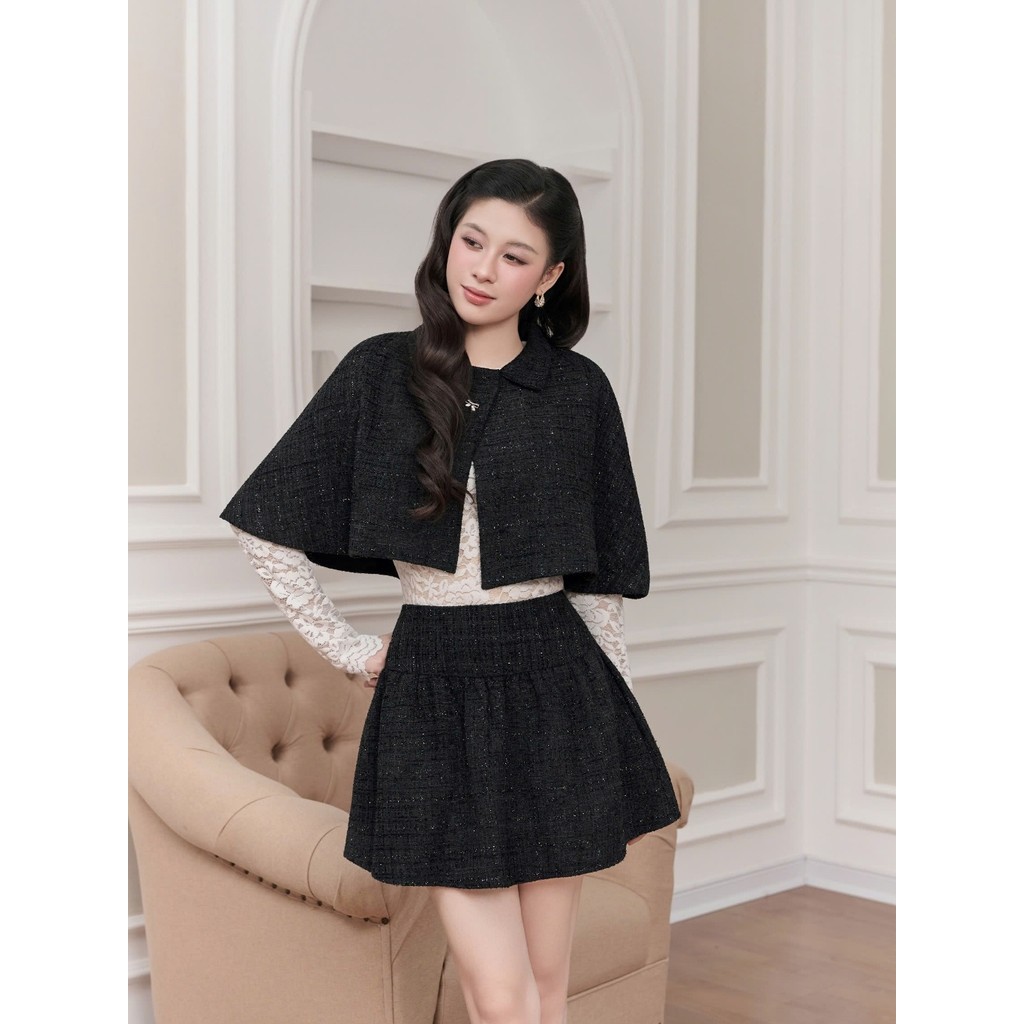 GUVIE Set Váy Nữ Thu Đông 3 Món MUSE Set Dự Tiệc Tiểu Thư - Áo Khoác Cape Dạ Tweed + Áo Ren + Chân V