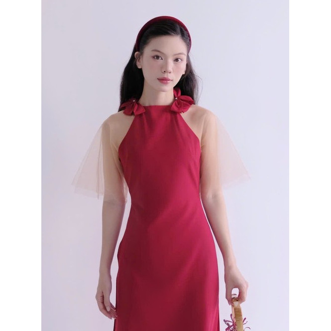 GUVIE Áo Dài Nữ Đỏ Tâm An Phối Nơ Tay Lưới Xinh