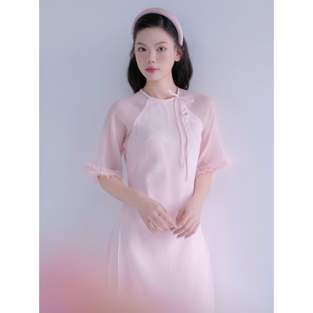 GUVIE Áo Dài Nữ Hồng Phấn Xuân Vy Cách Tân Tơ Cao Cấp Đính Nơ Thủ Công  Thiết Kế Xuân Vy GUVIE