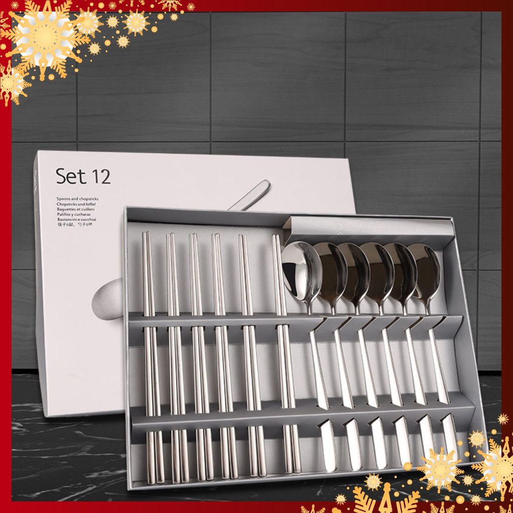 SET 12 BỘ ĐŨA - Thìa Muỗng Inox Chống Trơn Cao Cấp - Bộ Đũa Thìa Đồ Dùng Bàn Ăn Phong Cách Tây Âu Sa