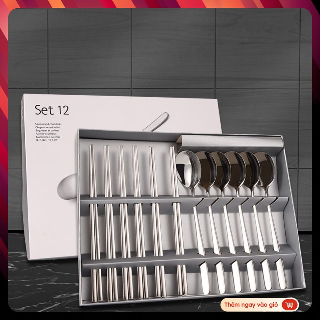 SET 12 BỘ ĐŨA - Thìa Muỗng Inox Chống Trơn Cao Cấp - Bộ Đũa Thìa Đồ Dùng Bàn Ăn Phong Cách Tây Âu Sa