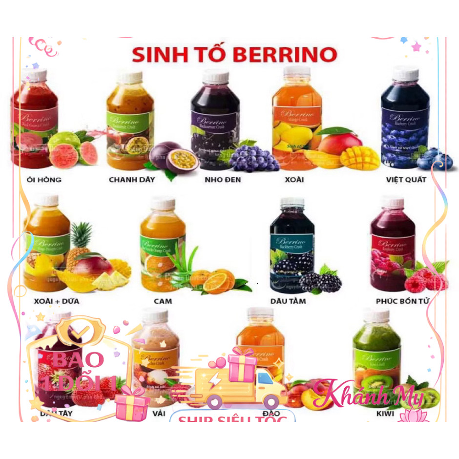 Nước Sinh Tố Berino Vị Quả Việt Quất, Dâu, Chanh Dây, Xoài 1000ml - Hoàn Hảo Cho Pha Chế & Bánh Kem