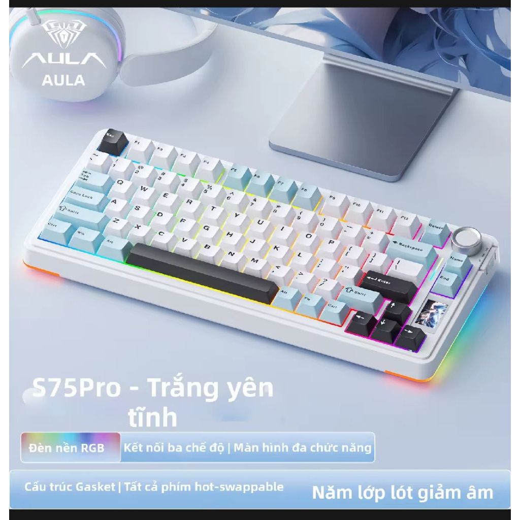 (new)bàn phím cơ ko dây aula s75 pro có màn led, 3 mode kết nối