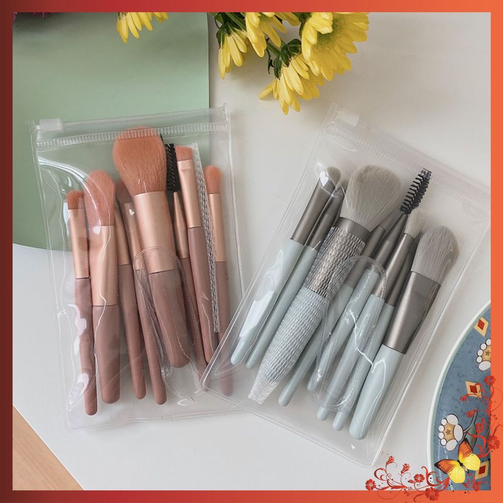 (8 CỌ XỊN) BỘ CỌ TRANG ĐIỂM 8 CÂY VINTAGE SIÊU CUTE TRONG TÚI ZIP - Set Cọ Trang Điểm Gồm 8 Cây Lông