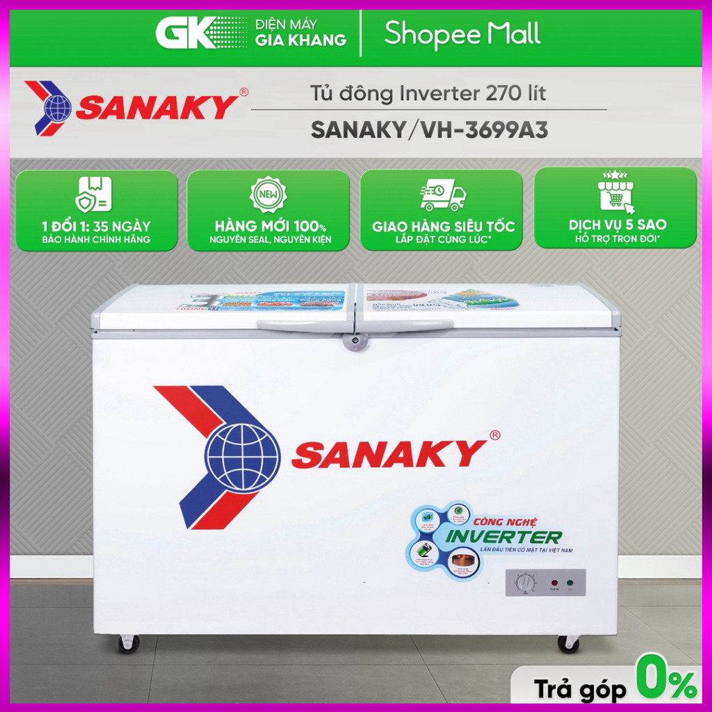 IB SHOP VH-3699A3 - TỦ ĐÔNG SANAKY INVERTER 270 Lít VH-3699A3 1 Ngăn Đông [Toàn Quốc] .. Giao nhanh.