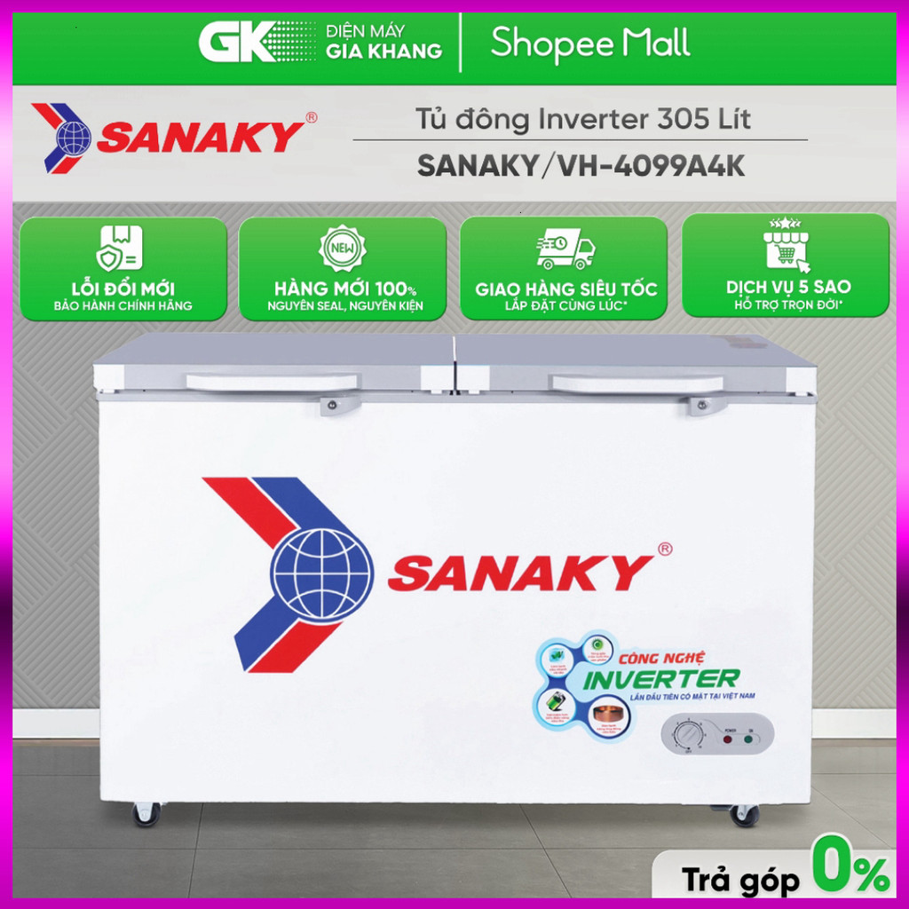 IB SHOP VH-4099A4K - Tủ Đông Sanaky Inverter 305 Lít VH4099A4K 1 Ngăn Đông 2 Cánh Dàn Đồng [Freeship