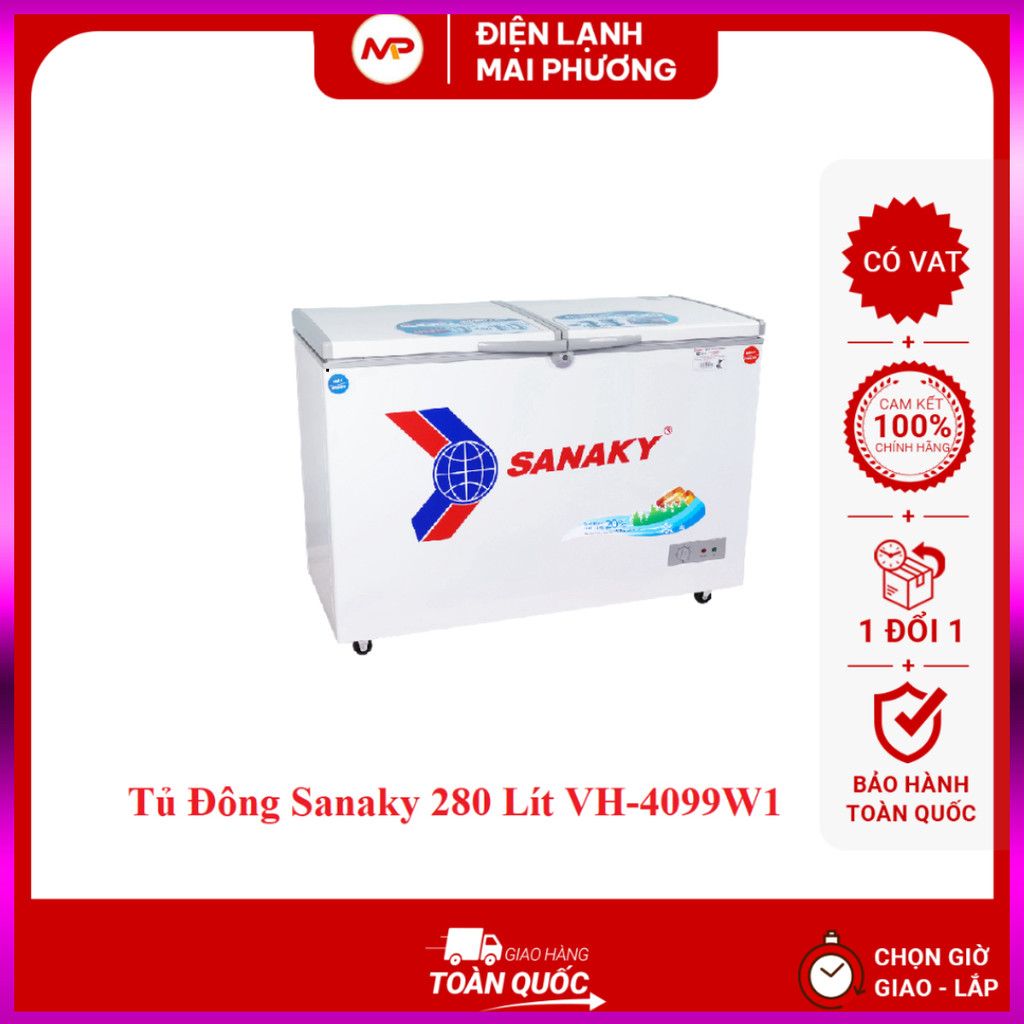 IB SHOP Tủ đông Sanaky VH-4099W1, 280 lít, 1 ngăn đông, 1 ngăn mát, dàn lạnh đồng - Bảo hành 2 năm .