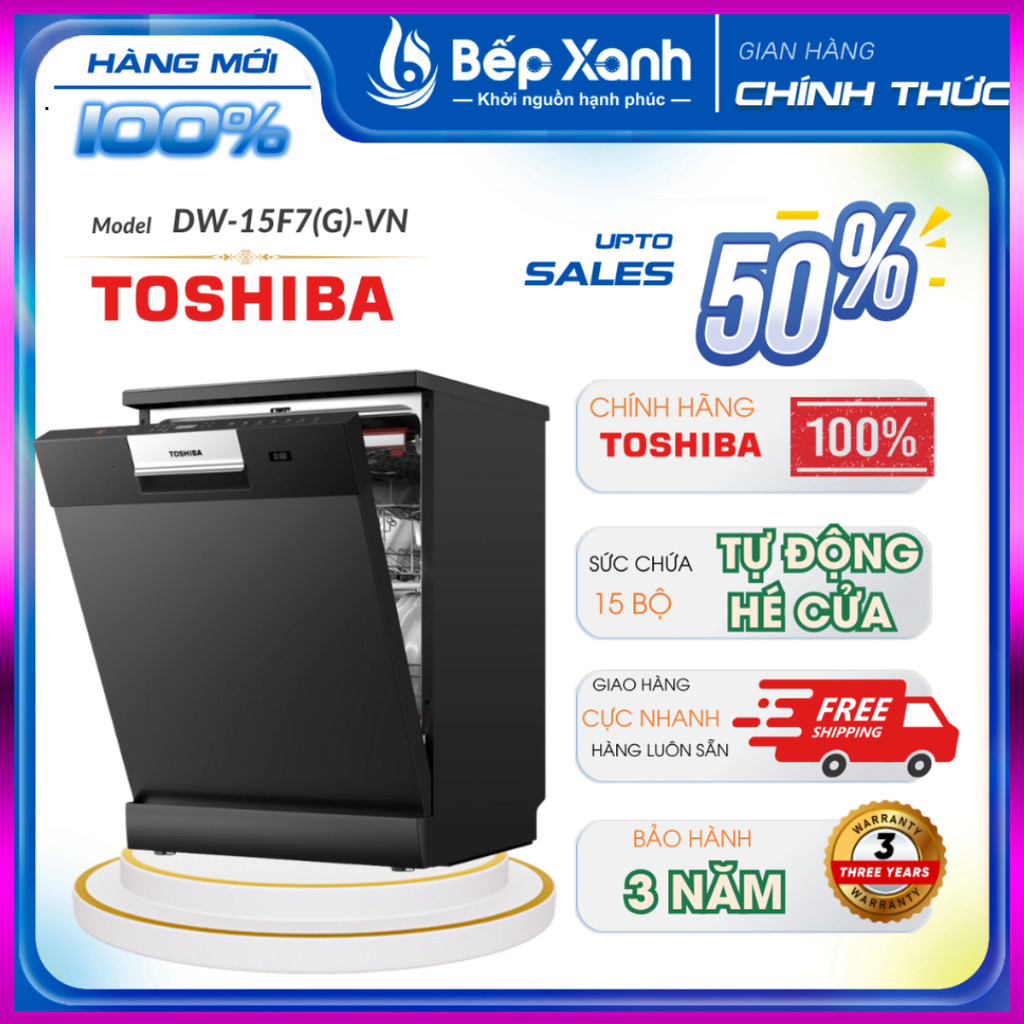 IB SHOP [Model 2025] Máy rửa chén độc lập Toshiba DW-15F7(G)-VN - 15 bộ - Tự động hé cửa .. Giao nha