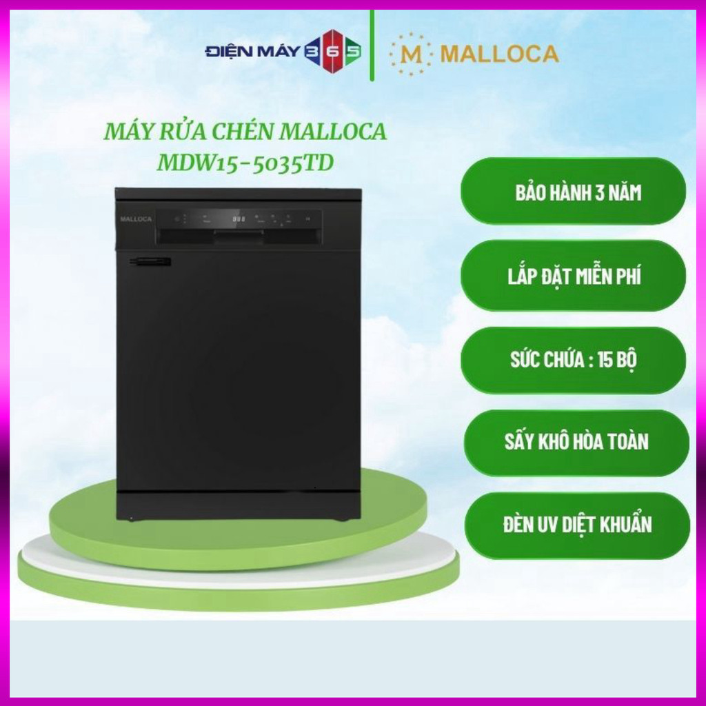 IB SHOP Máy Rửa Chén Độc Lập/ Âm Tủ Malloca MDW15-5035TD – 15 Bộ, Sấy Khí Nóng, Kháng Khuẩn UV, Hẹn 