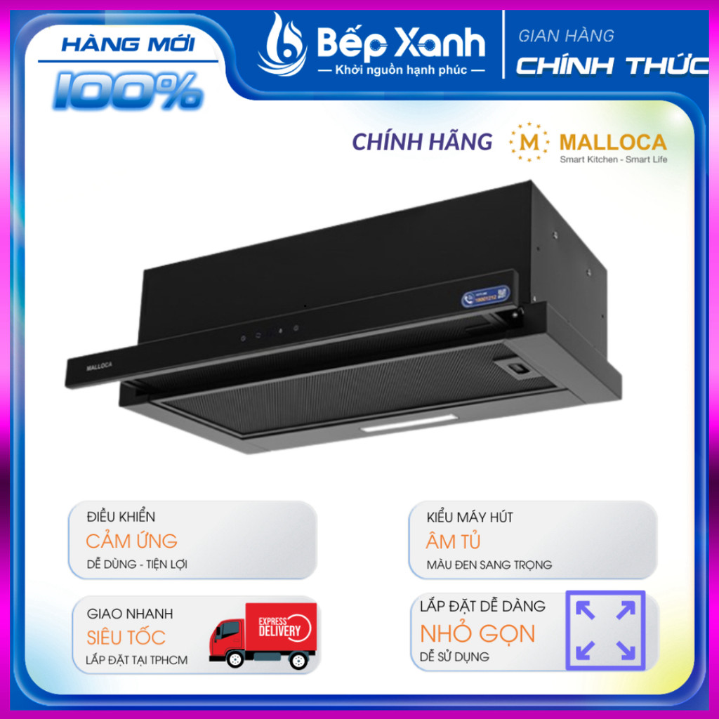 IB SHOP [LẮP ĐẶT TOÀN QUỐC] Máy hút khói khử mùi âm tủ Malloca MH 90BTC, kính đen, ngang 90cm, bảo h