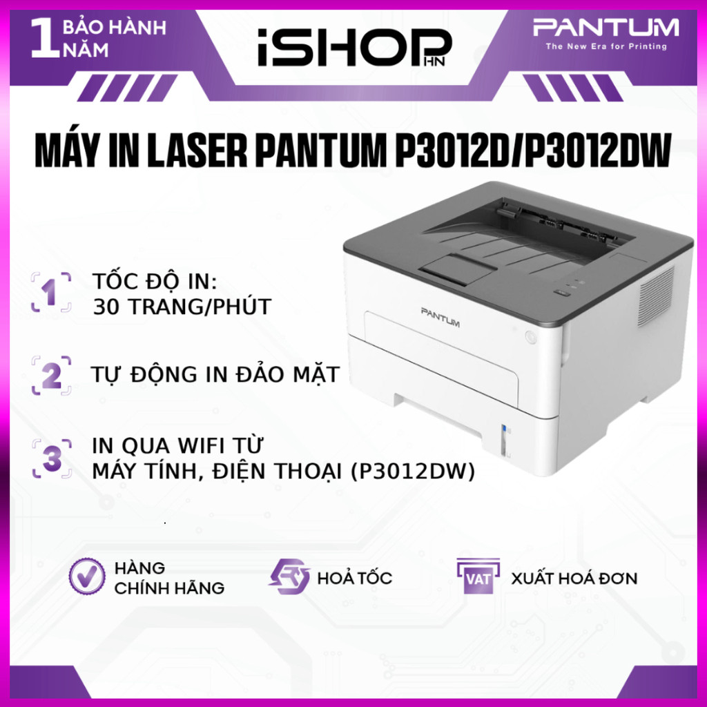 IB shop  Máy In Laser Pantum P3012D / P3012DW – In 2 Mặt Tự Động, WiFi, In Qua Điện Thoại – Chính Hã