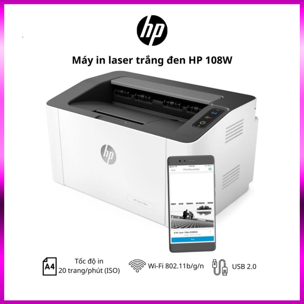 IB shop  Máy in laser đen trắng HP 108W 4ZB80A - In A4, A5, kết nối USB, WiFi - Bảo hành Chính Hãng 