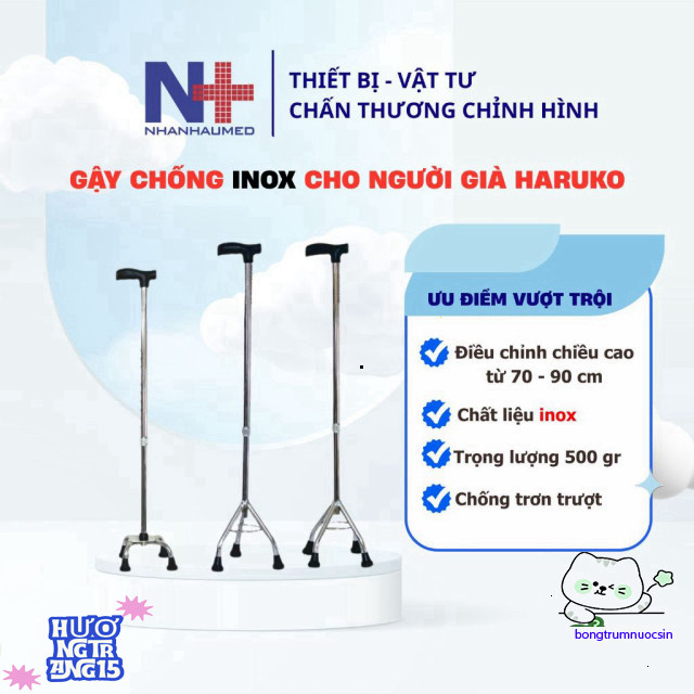 Gậy Inox Haruko Điều Chỉnh Cao 70-90cm Dành Cho Người Cao Tuổi 3/4 Chân