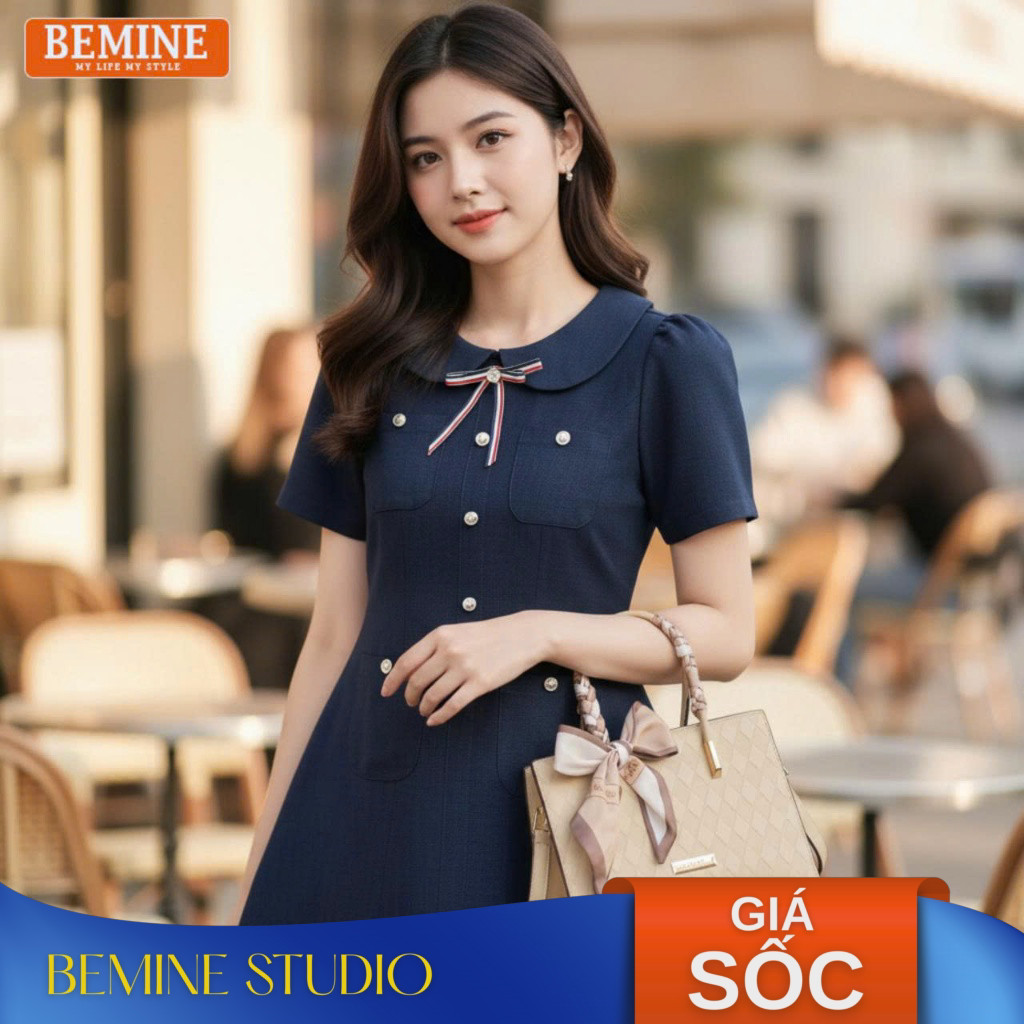 Đầm thiết kế BEMINE cổ sen đính nơ dáng chữ A phù hợp đi chơi, đi tiệc B198