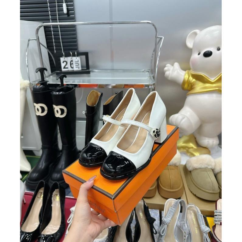 {Có ship hoả tốc} Giày Marry Jane gót vuông 7cm, quai dán hoa trà xinh xắn