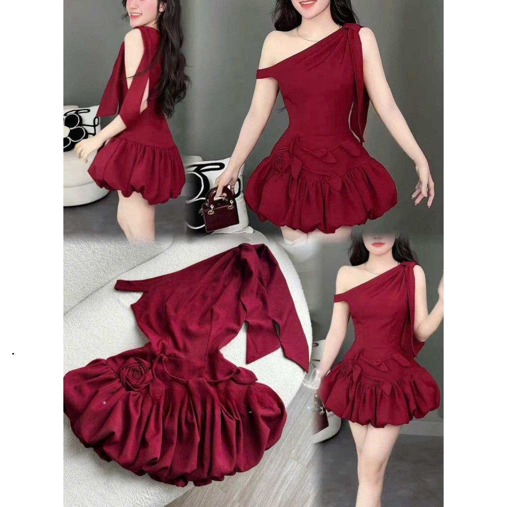 Đầm xoè dáng bí lệch vai nơ vai kết hoa eo có mocking sau chất vải lụa ruby đẹp y hình Sam Sam Cloth