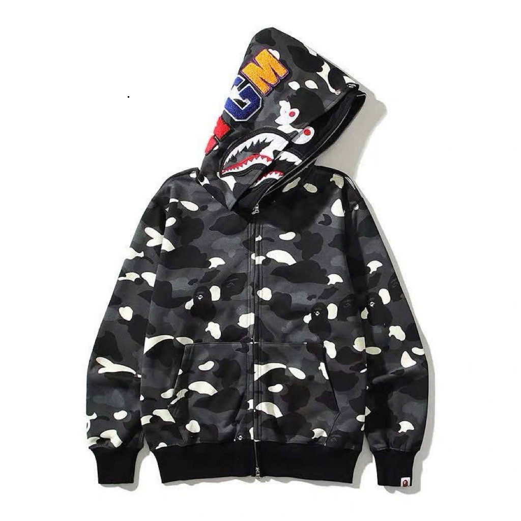 [SALE] Áo khoác hoodie Bape 2 mũ đa sắc màu với họa tiết in thêu độc đáo. Áo Khoác Cá Mập Bape Chính