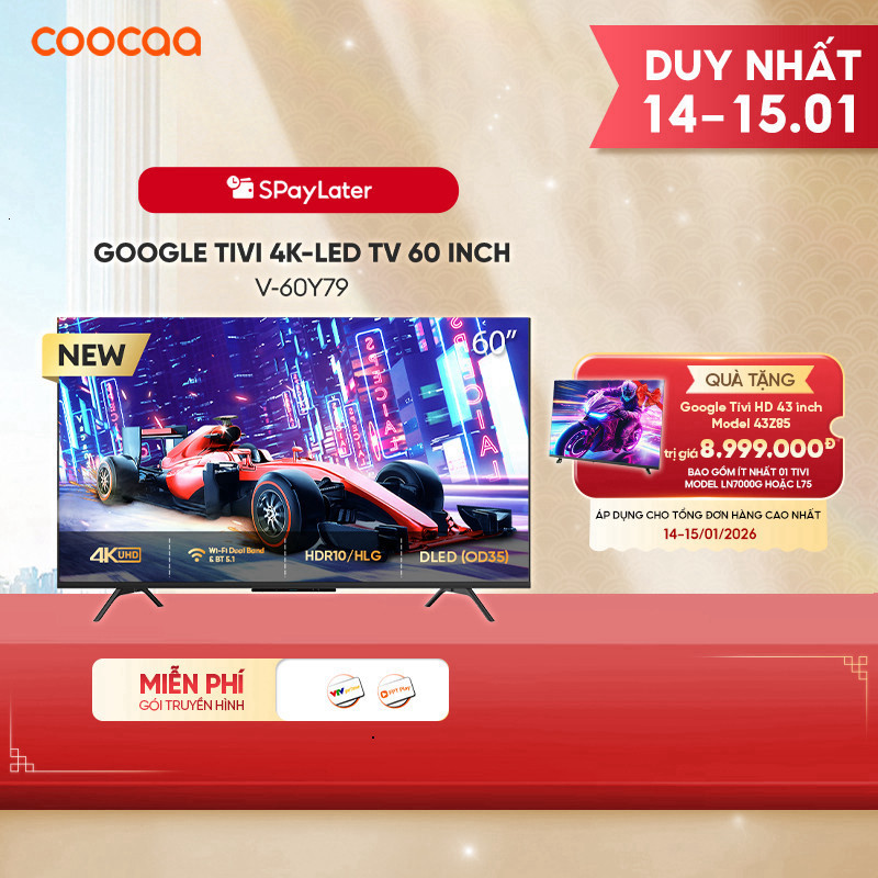 [Miễn phí lắp đặt HCM - HN] Google Tivi coocaa 4K-LED 60 Inch - Model 60Y79