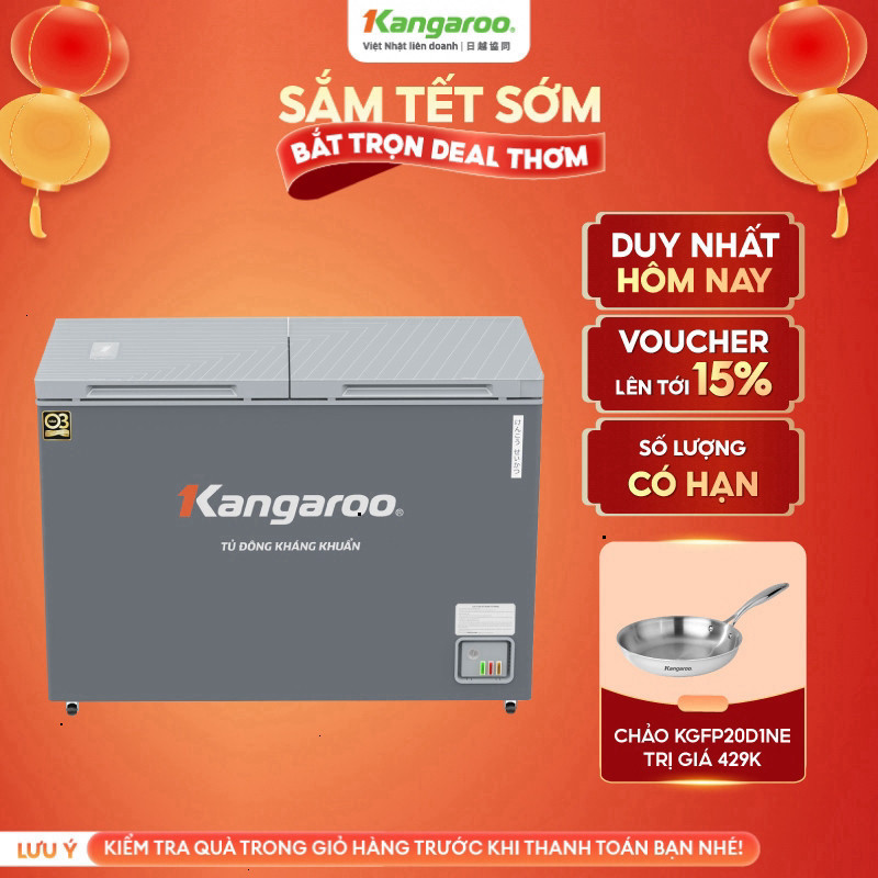 Tủ đông kháng khuẩn Kangaroo 252 lít KGFZ312NK2 - 2 ngăn 2 cánh, mặt kính cường lực