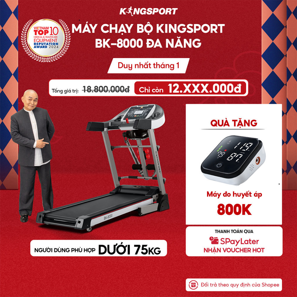 Máy chạy bộ KINGSPORT BK-8000 đa năng, thảm chạy rộng chống trơn, kèm đai massage và thanh gập bụng