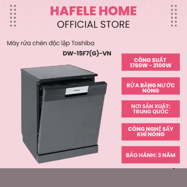 Máy rửa chén độc lập Toshiba DW-15F7(G)-VN - Công nghệ sấy khí nóng - Động cơ Origin Inverter