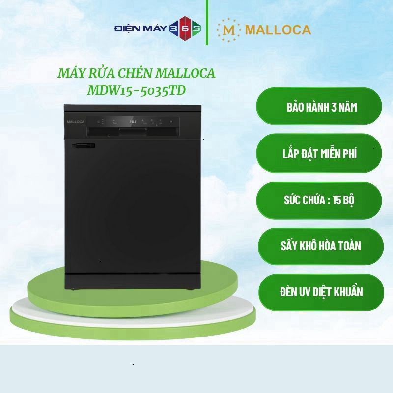 Máy Rửa Chén Độc Lập/ Âm Tủ Malloca MDW15-5035TD – 15 Bộ, Sấy Khí Nóng, Kháng Khuẩn UV, Hẹn Giờ