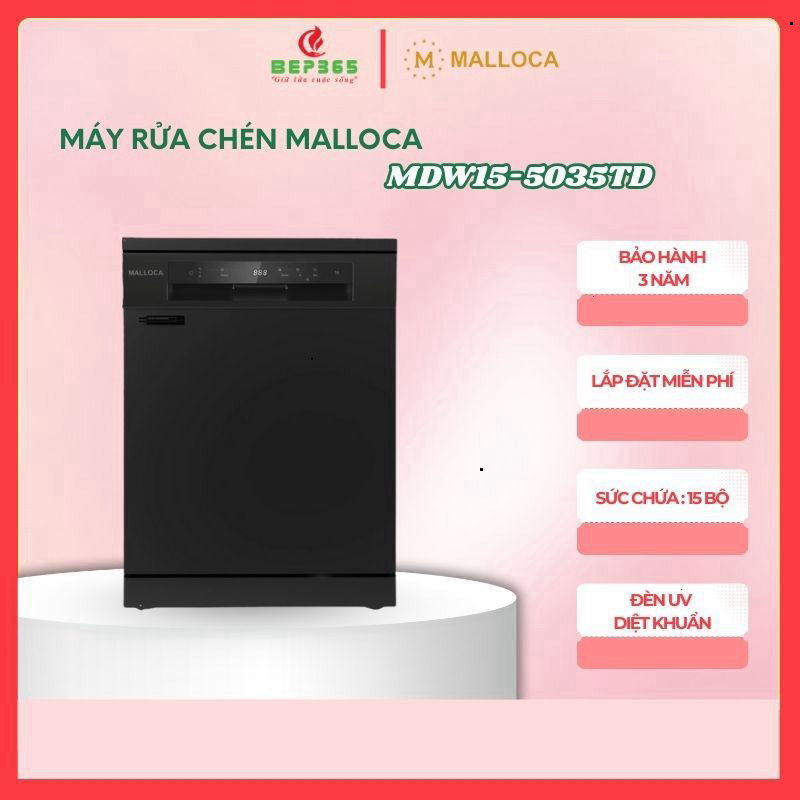Máy Rửa Chén Malloca MDW15-5035TD – 15 Bộ, 6 Chương Trình, LED, Kháng Khuẩn UV, Tiện Lợi