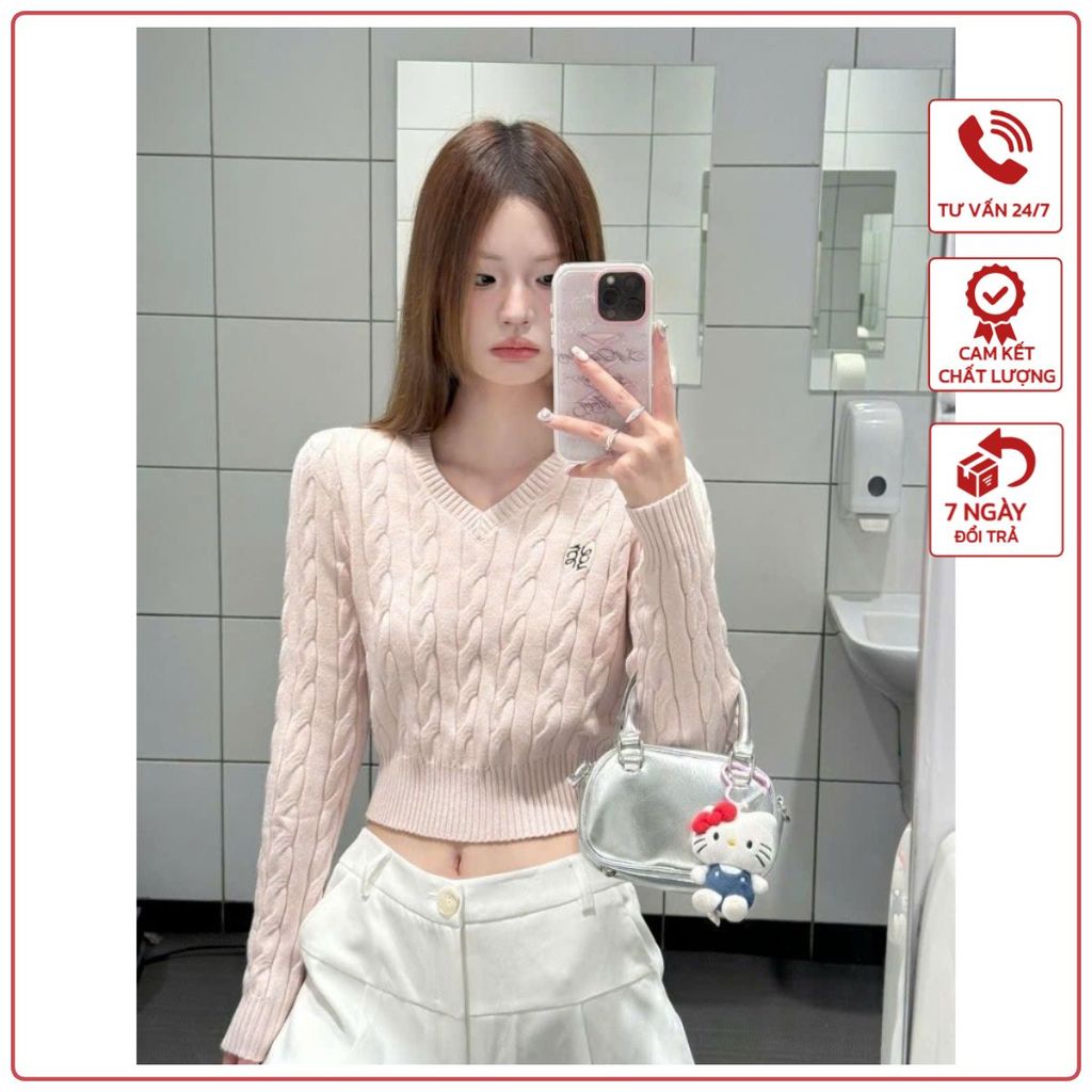 Áo len croptop Ruby cổ tim, Áo len thừng hồng pastel xinh xắn AL75