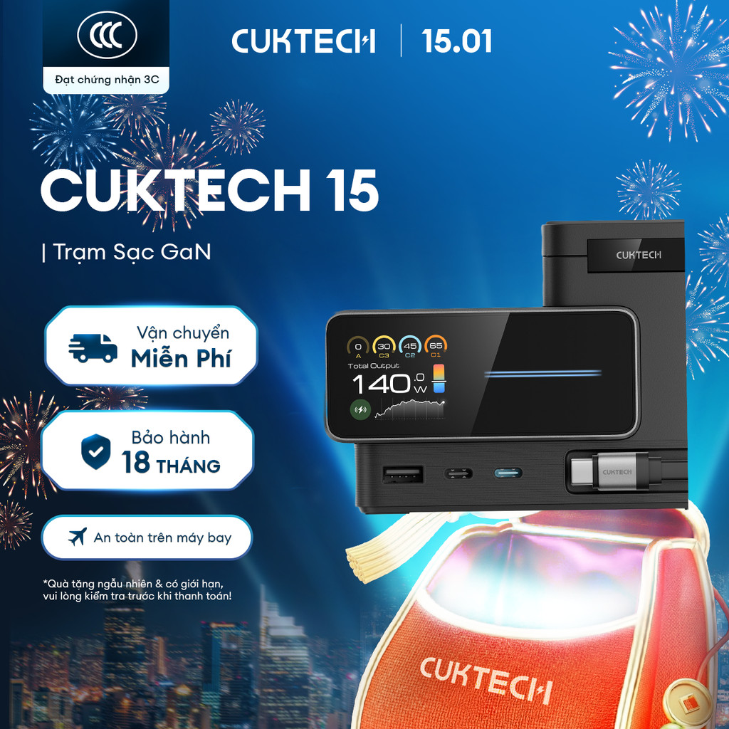 Trạm Sạc GaN CUKTECH 15 6in1 | Công Suất Max 140W | Màn Hình 1.83 Inch | Bảo Hành 18 Tháng TA1406U
