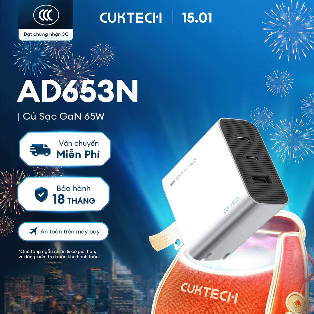 Củ Sạc GaN CUKTECH AD653N 2C1A | Công Suất Max 65W | Kích Thước Nhỏ Gọn | Bảo Hành 18 Tháng