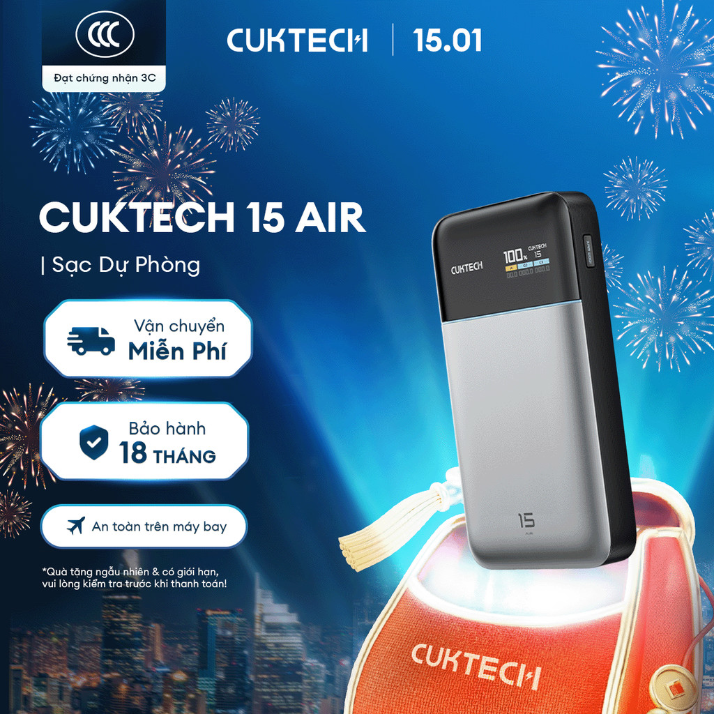 CUKTECH 15 AIR Sạc Di Động 2C1A | Công Suất 100W Max | Dung Lượng 15.000mAh | Bảo Hành 18 Tháng PB15