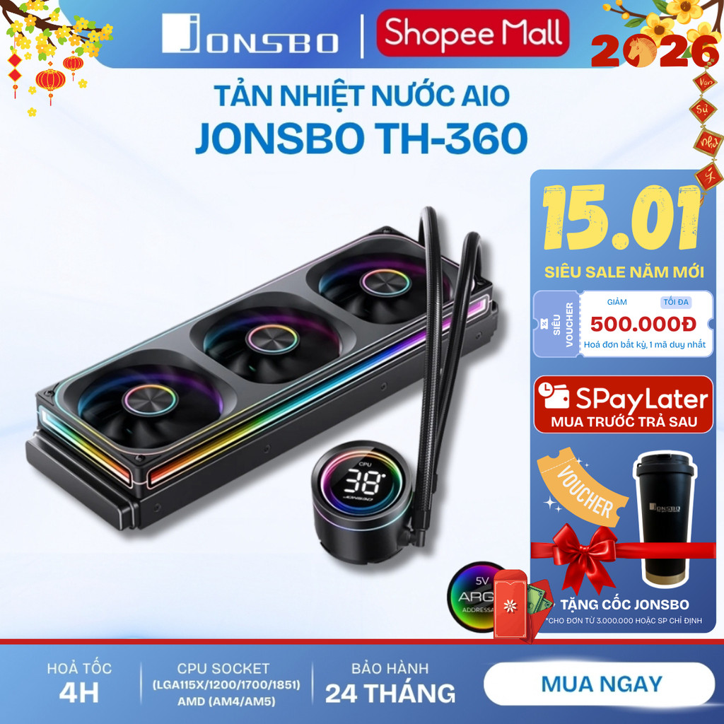 Tản Nhiệt Nước AIO CPU Jonsbo TH-240 / TH-360 ARGB Màn Hình LED, Hỗ Trợ Sync Main & Hub