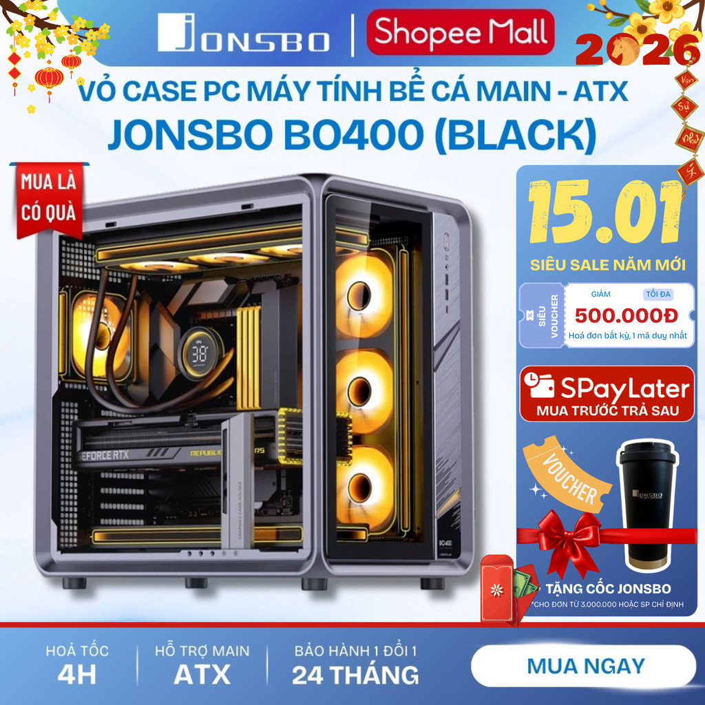 Vỏ Case Mid Tower Jonsbo BO400 Vỏ PC bể cá Ba Mặt Kính ATX Gaming Main Back Connect Chính hãng