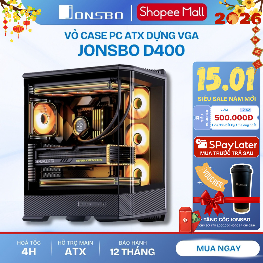 Vỏ Case PC Gaming Jonsbo D400 Black ATX M-ATX ITX – Hỗ Trợ Tản Nhiệt Nước 360mm, Kính Cường Lực