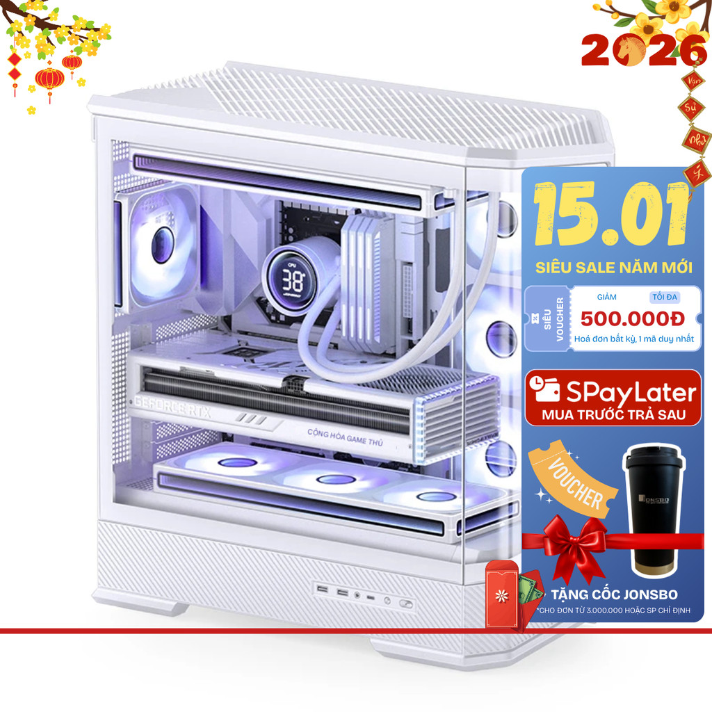 Vỏ Case PC Gaming Jonsbo D400 White ATX M-ATX ITX – Hỗ Trợ Tản Nhiệt Nước 360mm, Kính Cường Lực